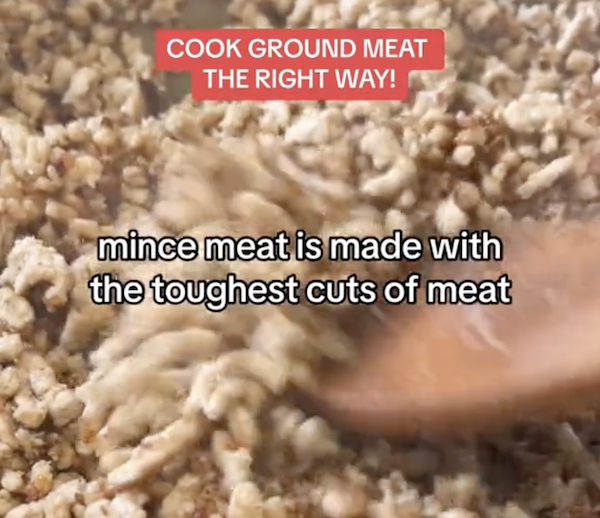 minced meat being browned in a frying pan with text over it